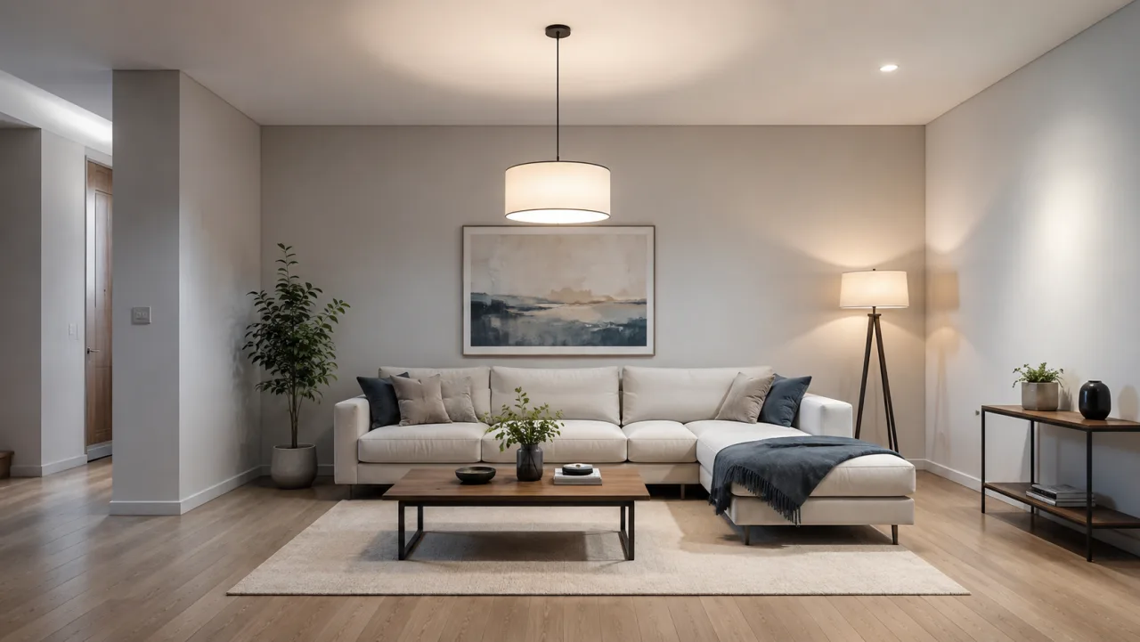 Sala con lámparas de techo y de pie para probar distintos tonos de luz
